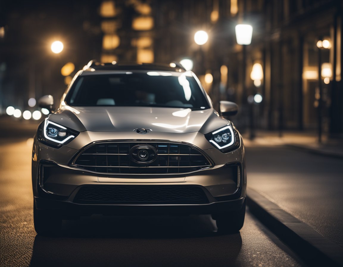 A car parked in a dimly lit area, with a light sensor on the front dashboard and an external light source changing in intensity