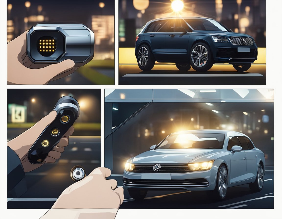 A hand holding a light sensor near a car's headlight. The sensor is being tested with a light source to check its functionality