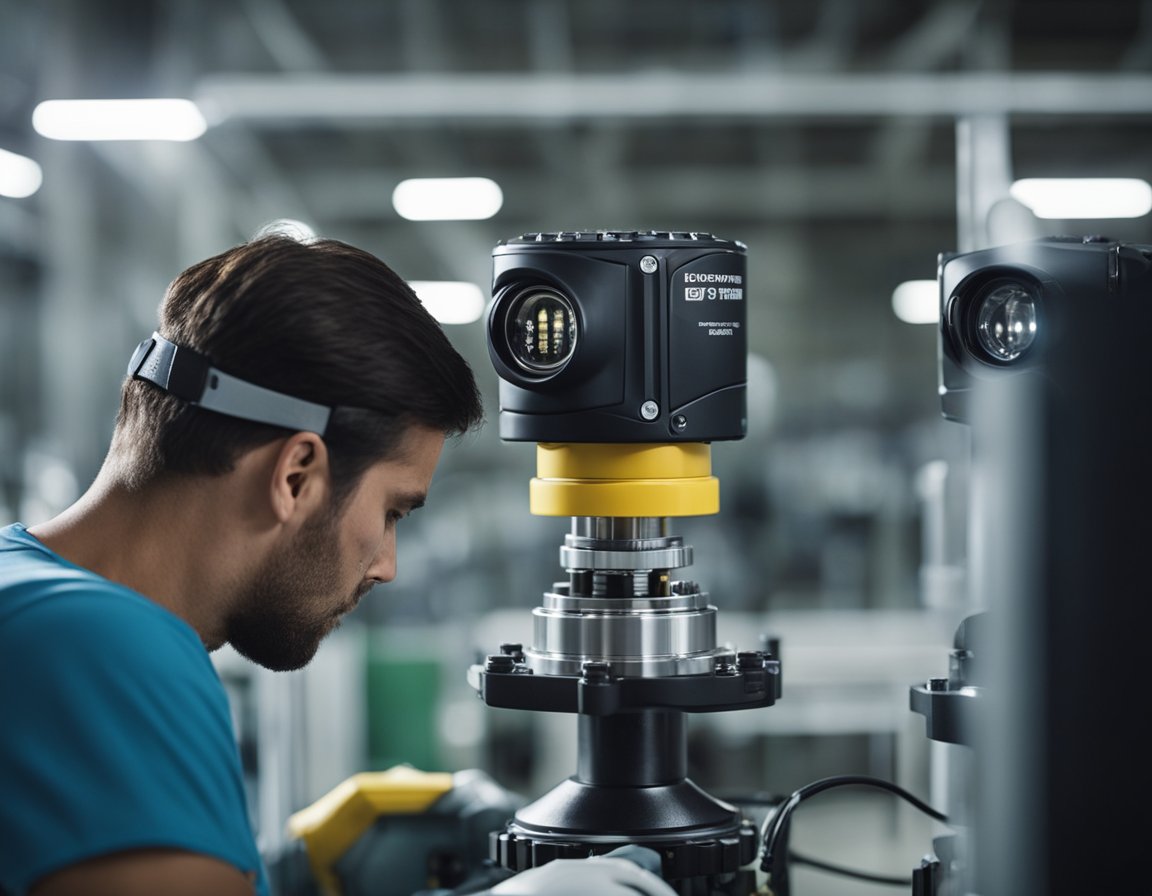 A technician adjusts equipment to test automatic headlight sensor in a well-lit, controlled environment with safety measures in place