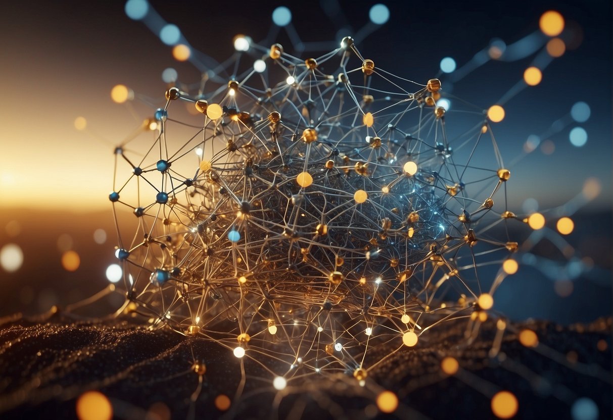 A complex network of interconnected nodes and data streams, representing Google's AI capabilities, with a sense of mystery and complexity