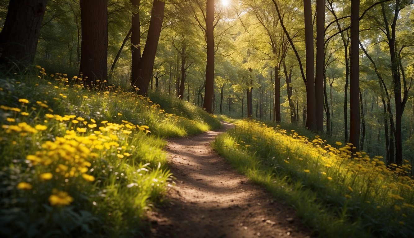 Yellow Spring Road winds through a lush forest, with vibrant yellow wildflowers lining the edges of the path. The sunlight filters through the dense canopy, casting dappled shadows on the ground