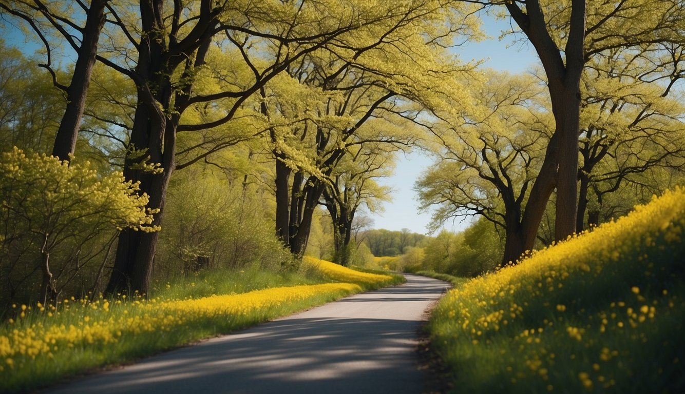 A winding road leads to a bright yellow spring, surrounded by lush green trees and a clear blue sky