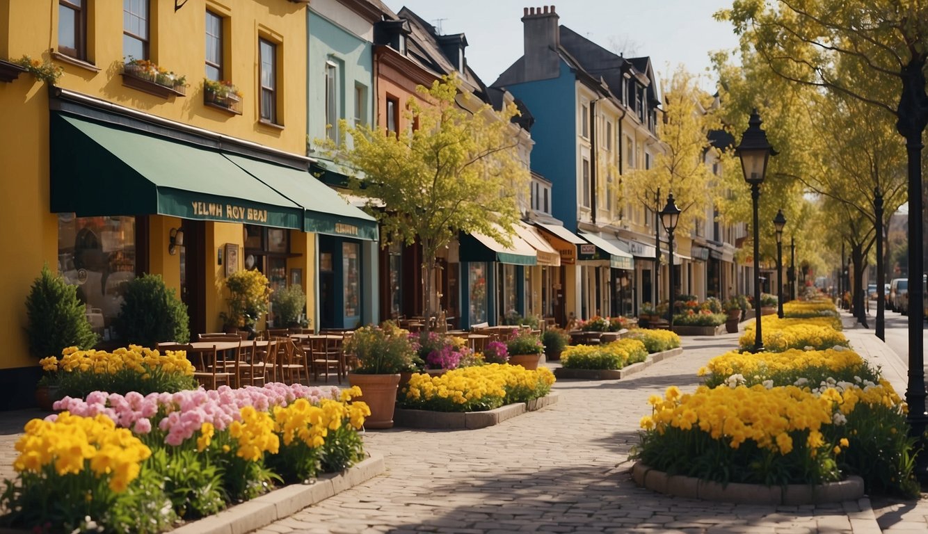 The scene depicts a quaint street with colorful buildings, lined with shops and cafes. Trees and flowers line the sidewalk, and a sign reads "Yellow Spring Road."