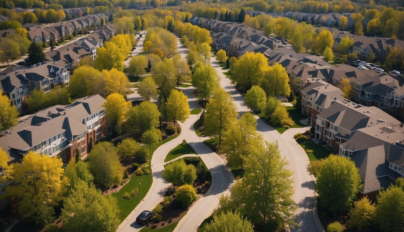 Aerial view of Yellow Spring Road surrounded by residential and commercial buildings, with a mix of trees and open spaces
