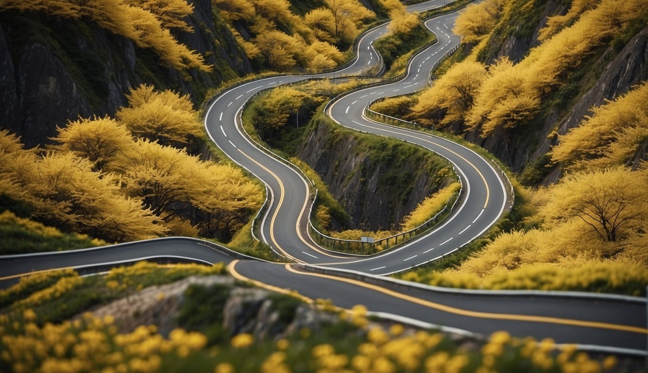 A winding yellow spring road cuts through a scenic map of Japan