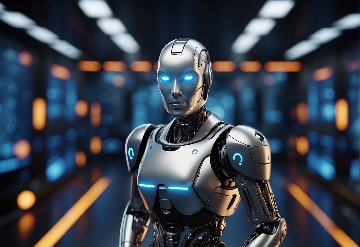 A futuristic AI stands opposite the Google logo, surrounded by swirling lines and data streams, symbolizing the clash of technology and innovation