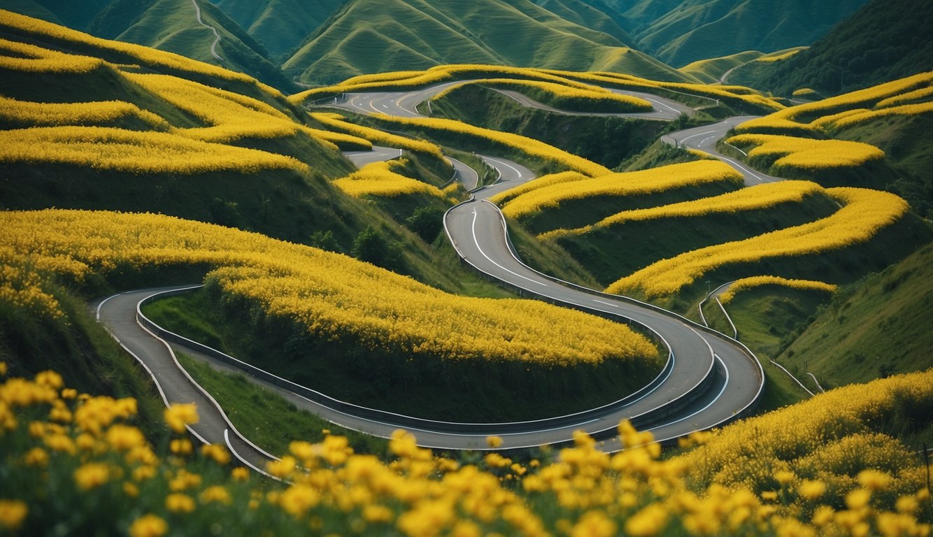 A winding road cuts through lush green hills, with vibrant yellow spring flowers lining the edges. A map of Japan is visible in the background