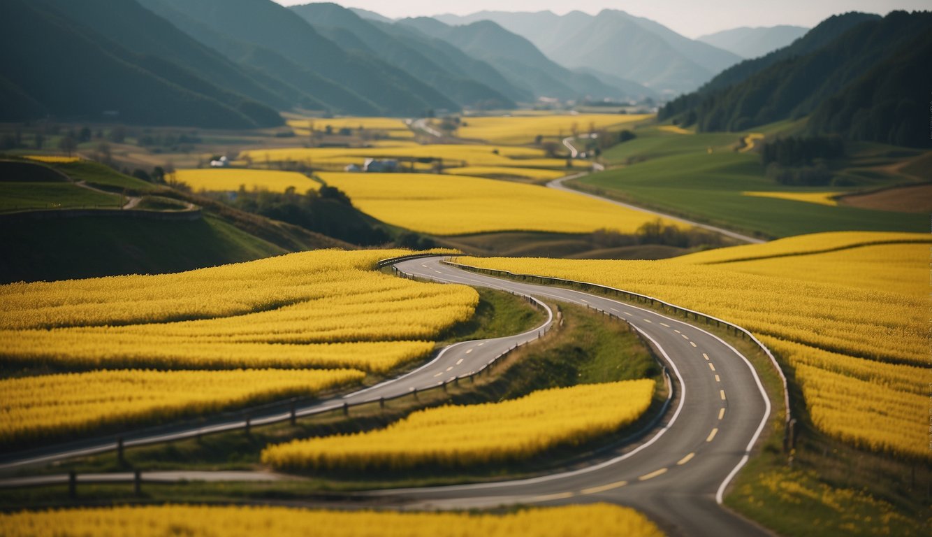 A winding road cuts through vibrant yellow spring fields on a Japanese map