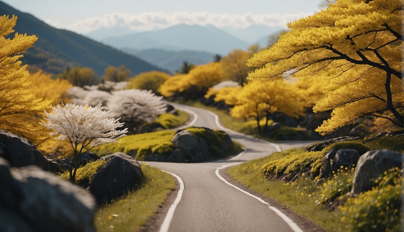 A yellow spring road winds through a picturesque Japanese landscape on a colorful map in a travel guide