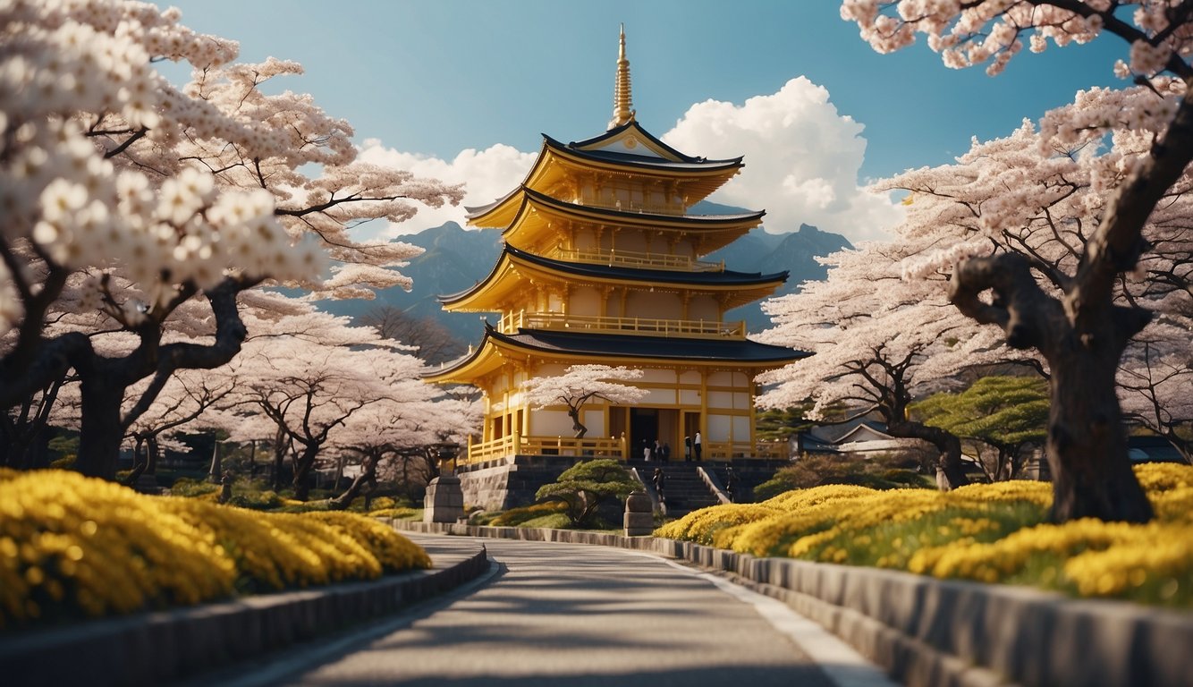 A vibrant yellow spring road winds through a traditional Japanese map, showcasing cultural aspects like temples, cherry blossoms, and iconic landmarks