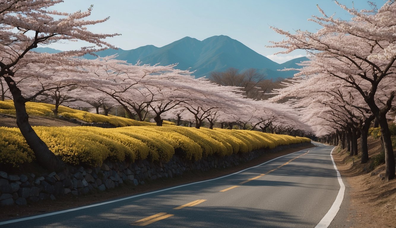 A winding yellow spring road in Japan, lined with cherry blossom trees and a map of Japan in the background