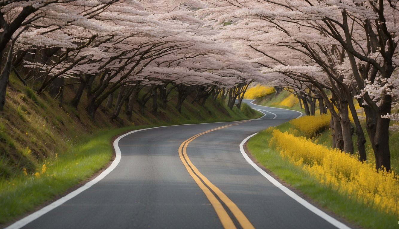 A winding yellow road in rural Japan, surrounded by vibrant spring foliage