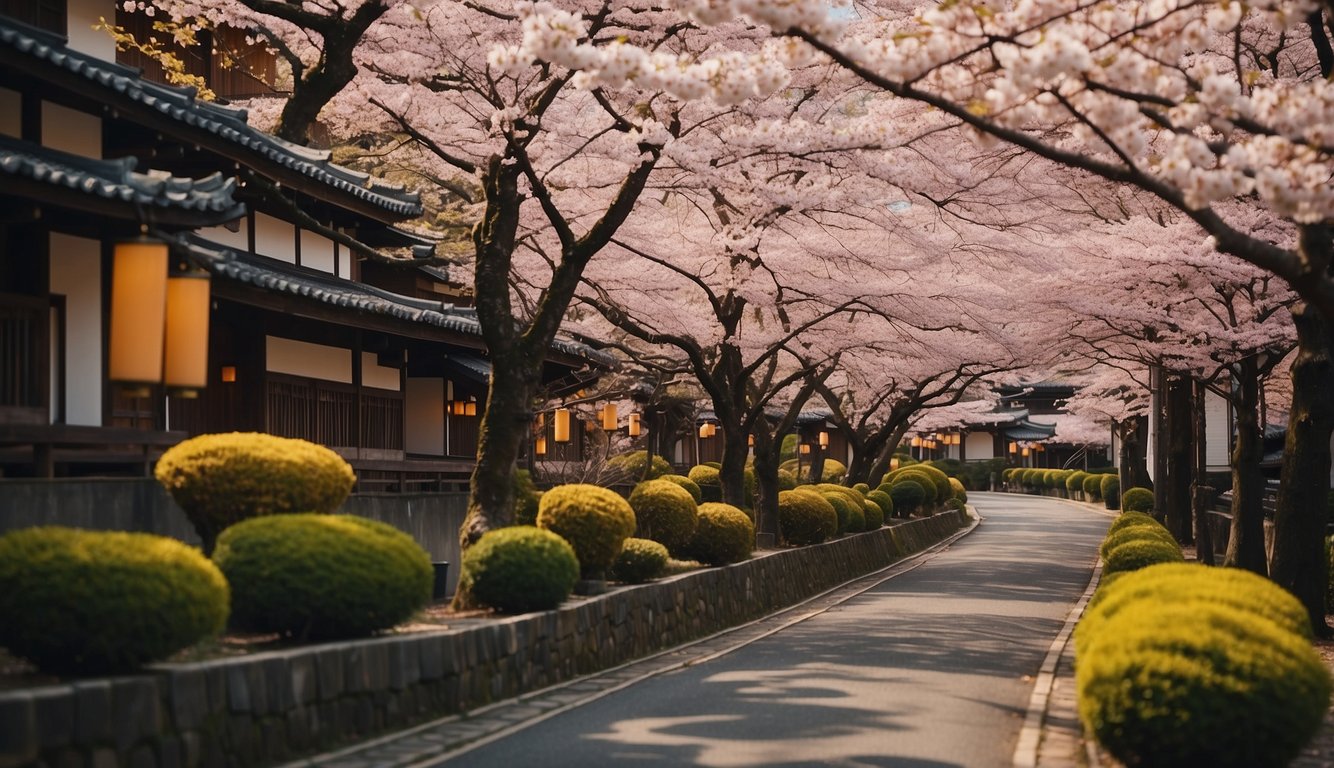 A winding road lined with cherry blossom trees, traditional Japanese buildings, and lanterns, leading to a vibrant yellow spring in Japan