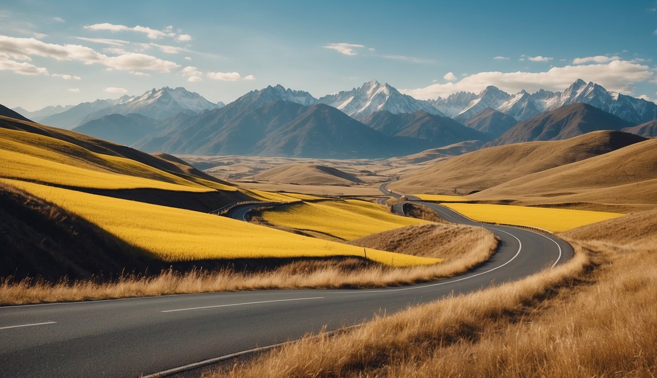 A winding road cuts through vibrant yellow fields, framed by majestic mountains and a clear blue sky