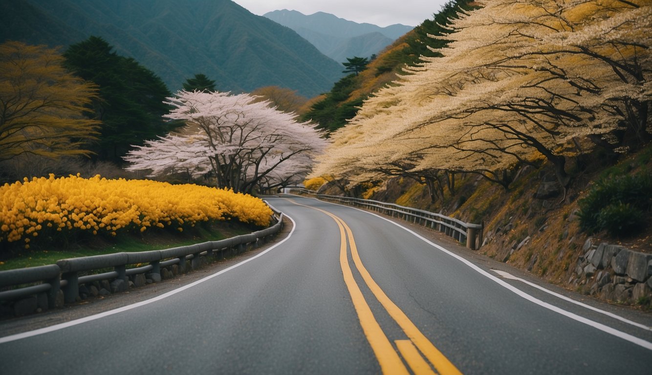 A winding road lined with vibrant yellow spring flowers in Japan