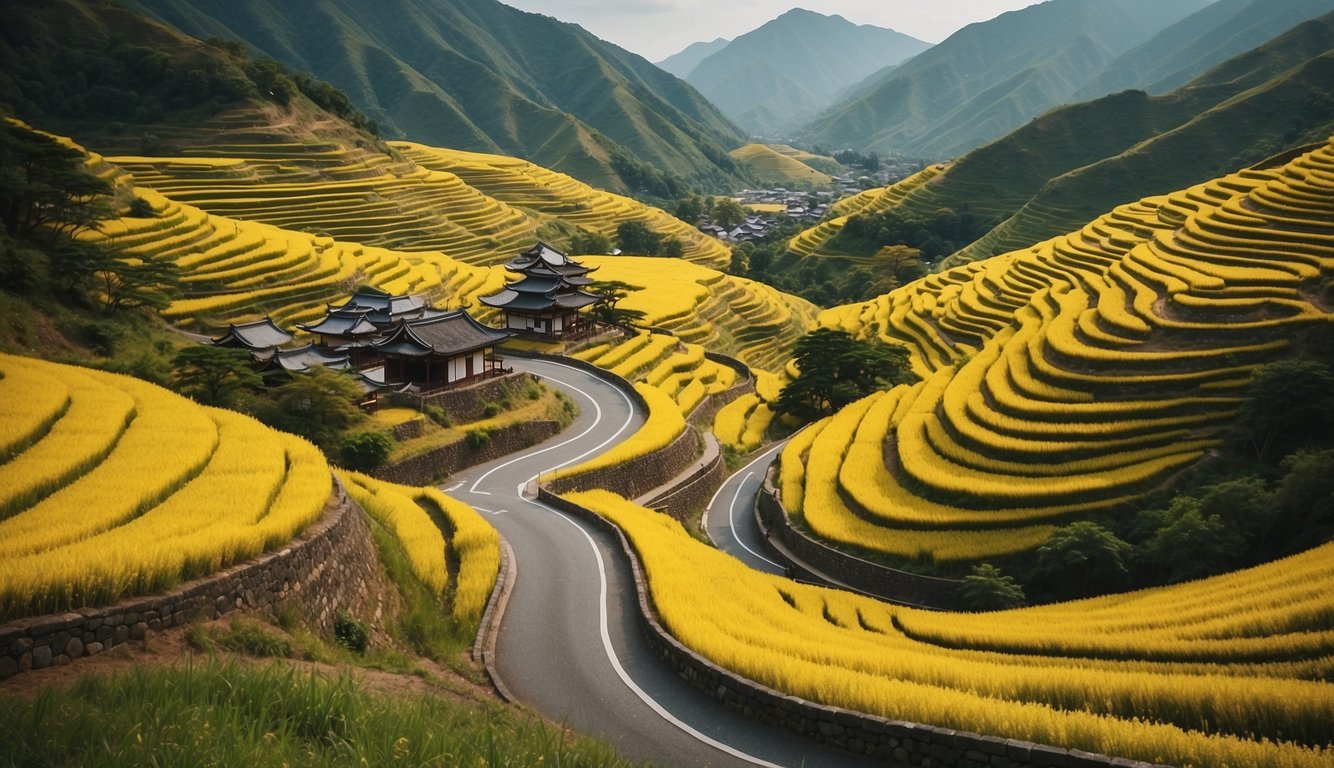 A winding road cuts through vibrant yellow fields, leading to a traditional Japanese village nestled among lush green mountains