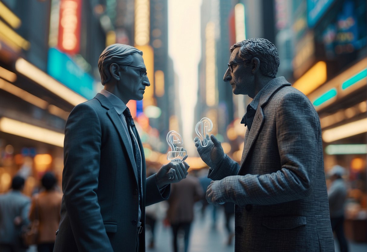 A bustling market with two giant figures, one labeled "Perplexity AI" and the other "Google," facing off in a competitive stance, surrounded by swirling data and trend lines