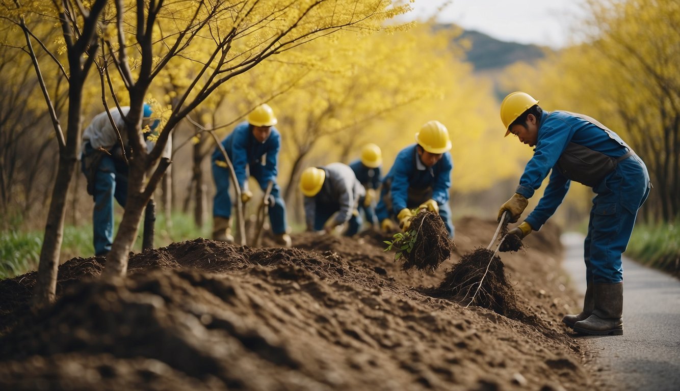 Workers plant native trees along Yellow Spring Road in Japan
