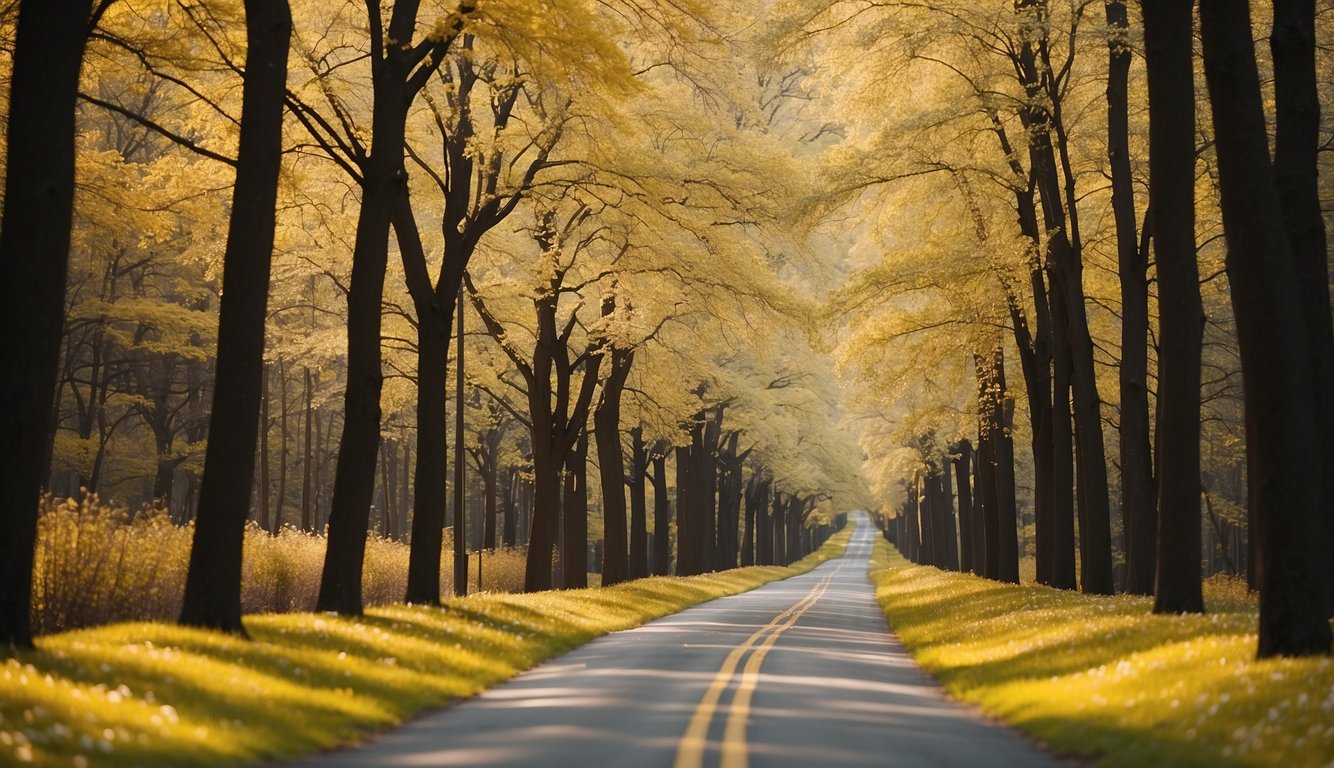 A winding yellow spring road lined with tall trees