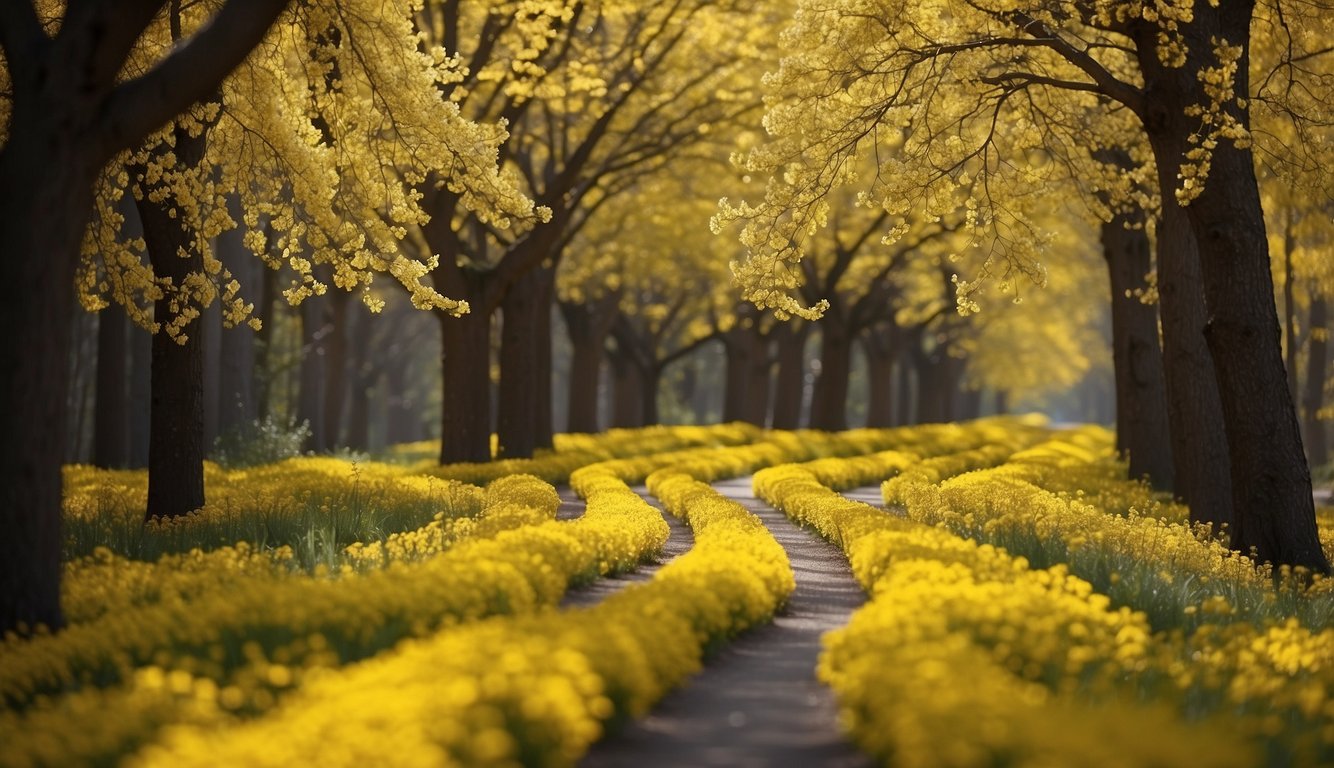 A bright yellow road winds through a forest of blooming trees, their branches adorned with vibrant yellow blossoms, signaling the arrival of spring