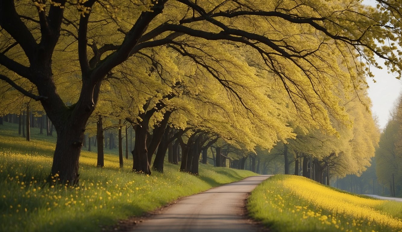 Yellow spring road winds through lush trees, symbolizing ecological significance
