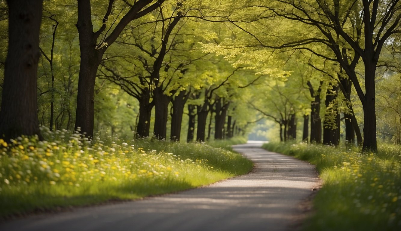 Lush green trees line Yellow Spring Road, with a mix of popular species like oak, maple, and pine creating a vibrant and diverse forest scene