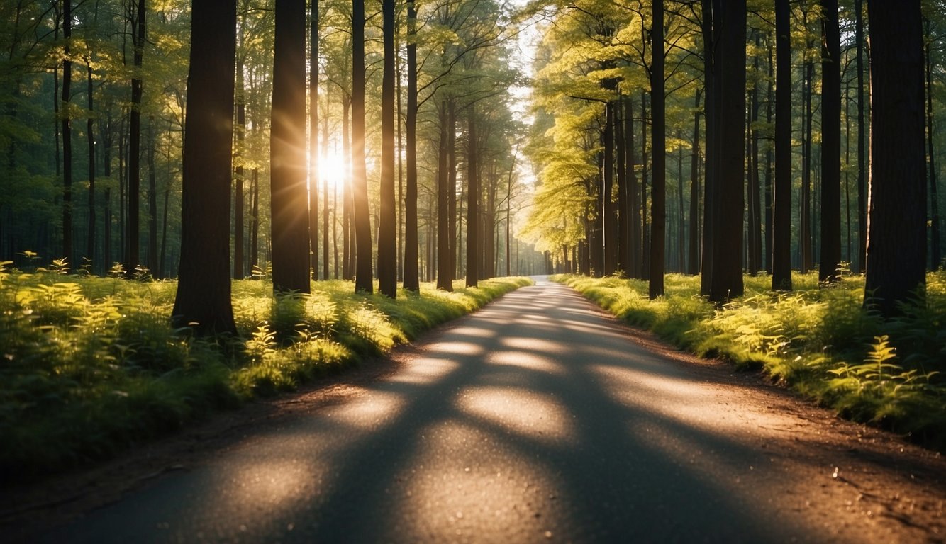 A yellow spring road winds through a forest of tall trees, with dappled sunlight streaming through the branches, creating a picturesque scene for photography and sightseeing