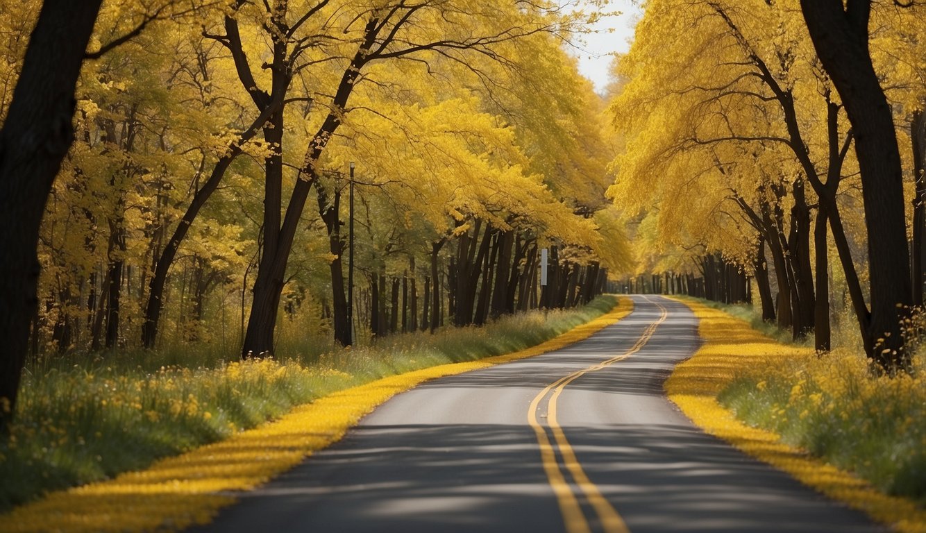 Trees line Yellow Spring Road, with signs marking conservation efforts. A serene landscape with vibrant foliage