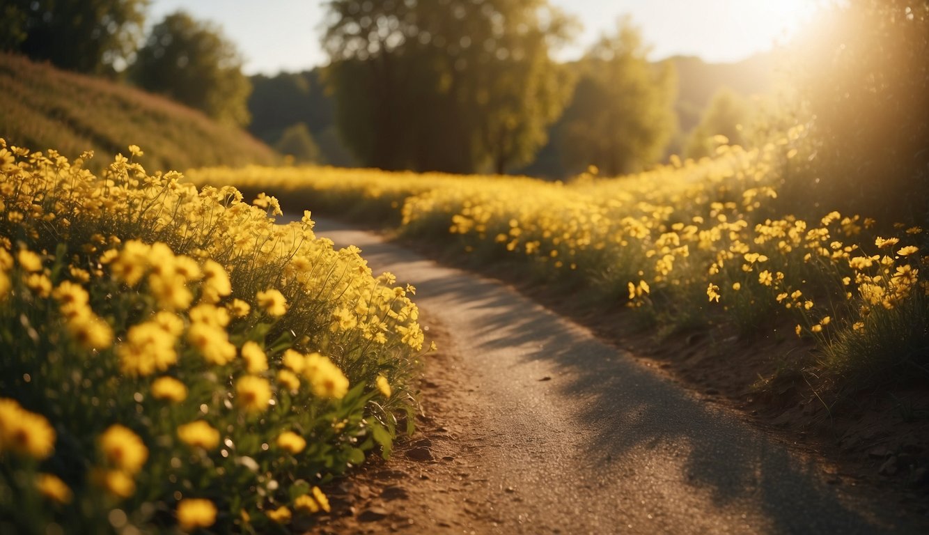 A winding yellow road lined with blooming spring flowers, bathed in golden sunlight