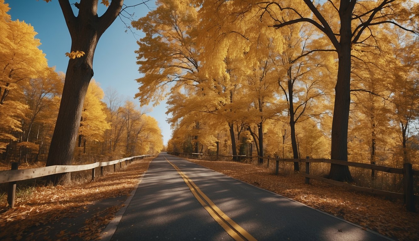 Vibrant fall foliage lines Yellow Spring Road, with clear blue skies and a gentle breeze