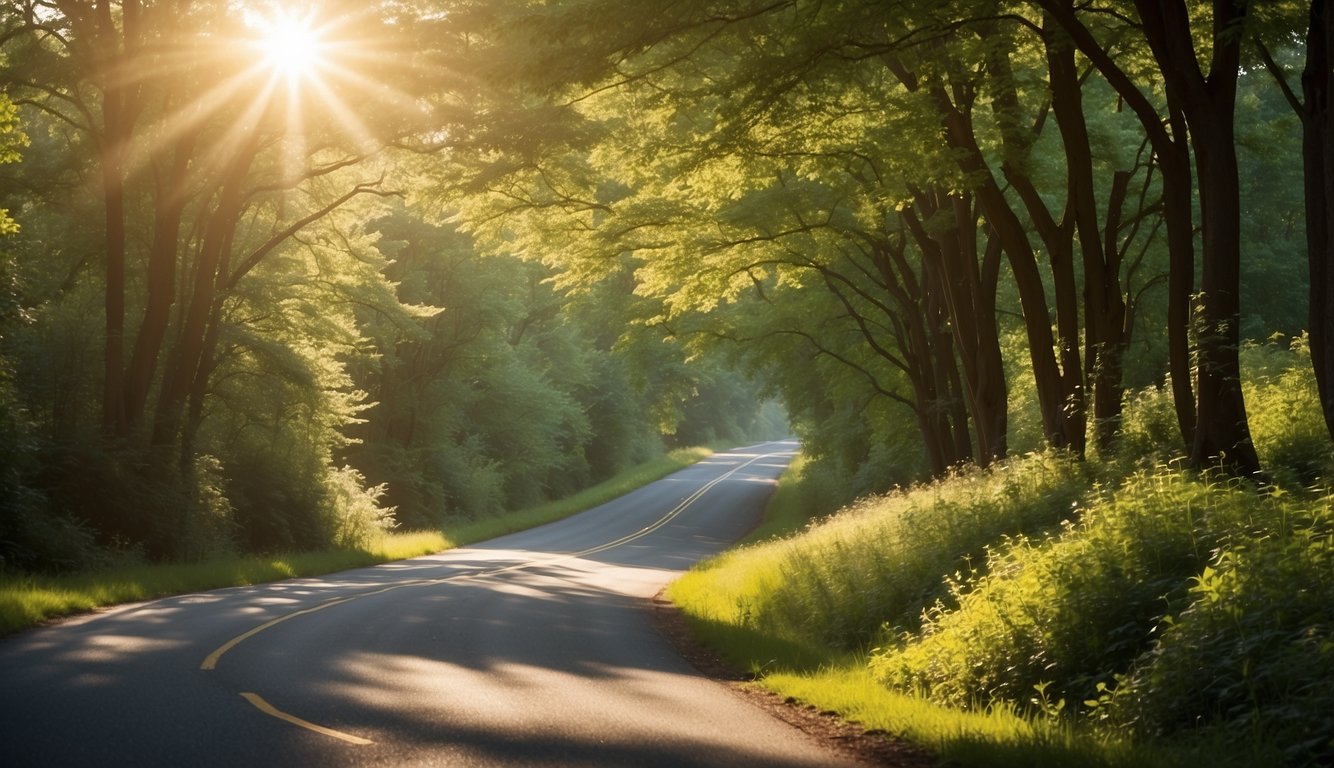 Sunlight filters through the lush green trees onto the winding Yellow Spring Road, creating a warm and inviting atmosphere. The clear blue sky and gentle breeze make it the perfect time to visit