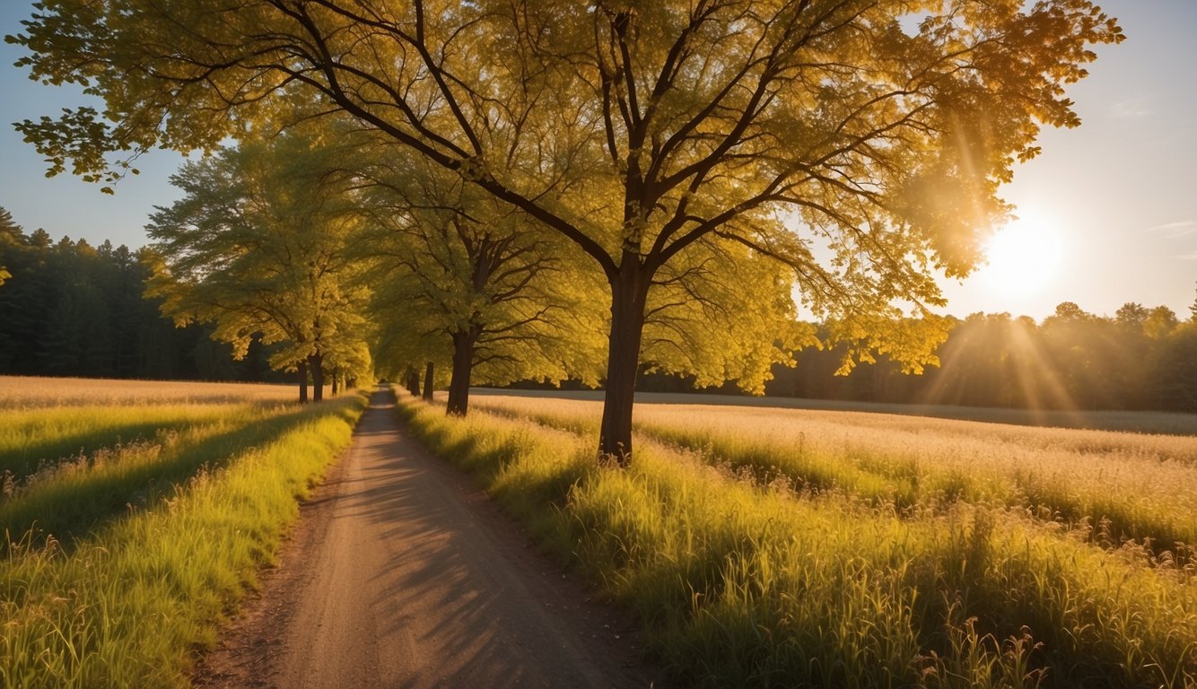 The sun shines down on Yellow Spring Road, casting a golden glow on the surrounding trees and fields. The best time to visit is in the late afternoon when the colors are most vibrant
