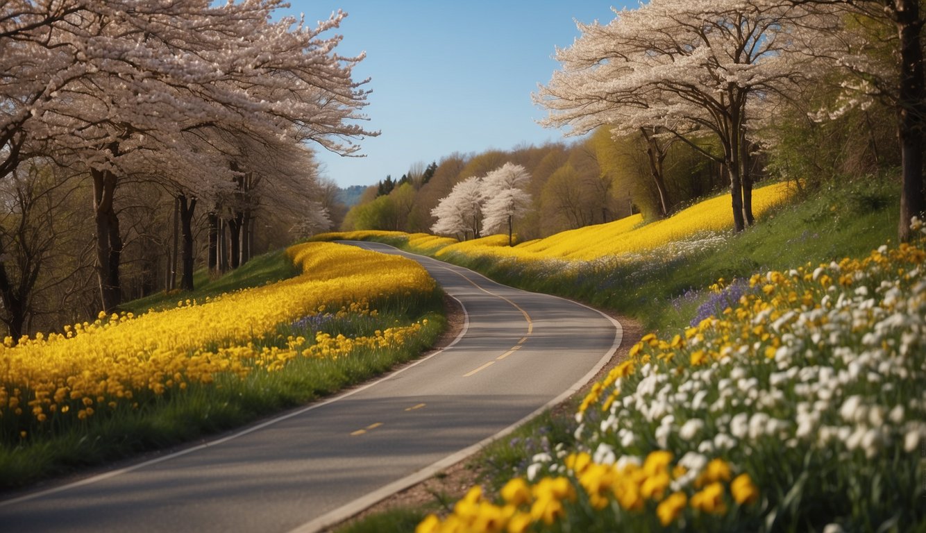 A winding yellow road lined with vibrant spring flowers, with a signpost indicating the "best time to visit."
