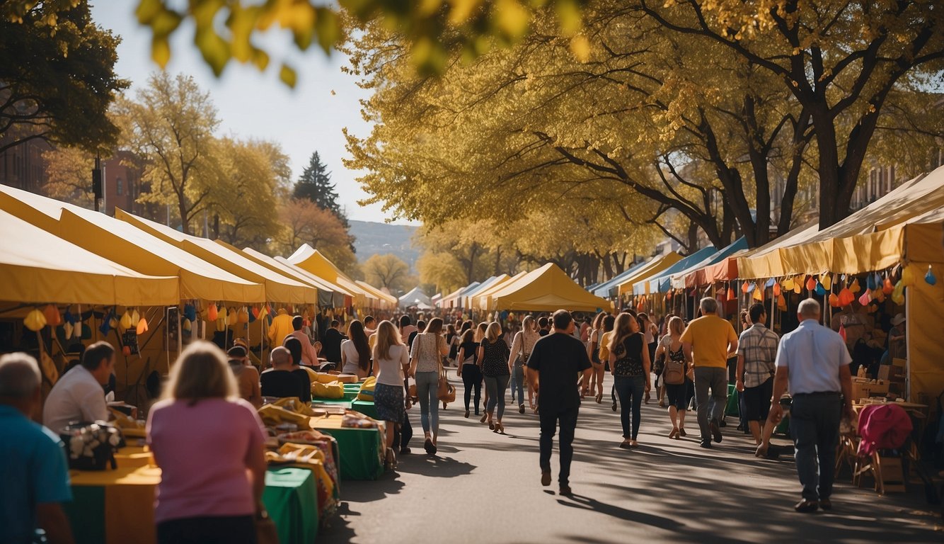 A bustling street lined with colorful tents and lively music, showcasing local events and festivals. The best time to visit is during the vibrant yellow spring season
