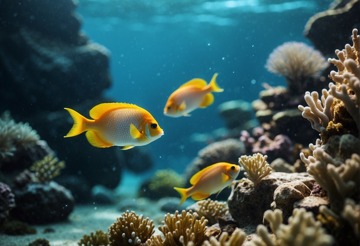 A tranquil underwater scene with colorful fish swimming among coral and seaweed, with sunlight filtering through the water from above