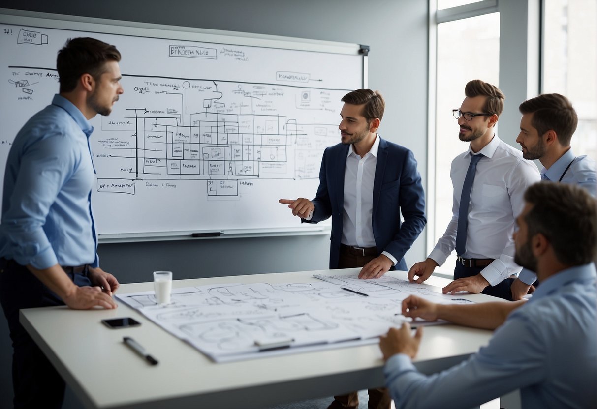 A team of engineers collaborates on a whiteboard, brainstorming and sketching out ideas for new prompt engineering applications