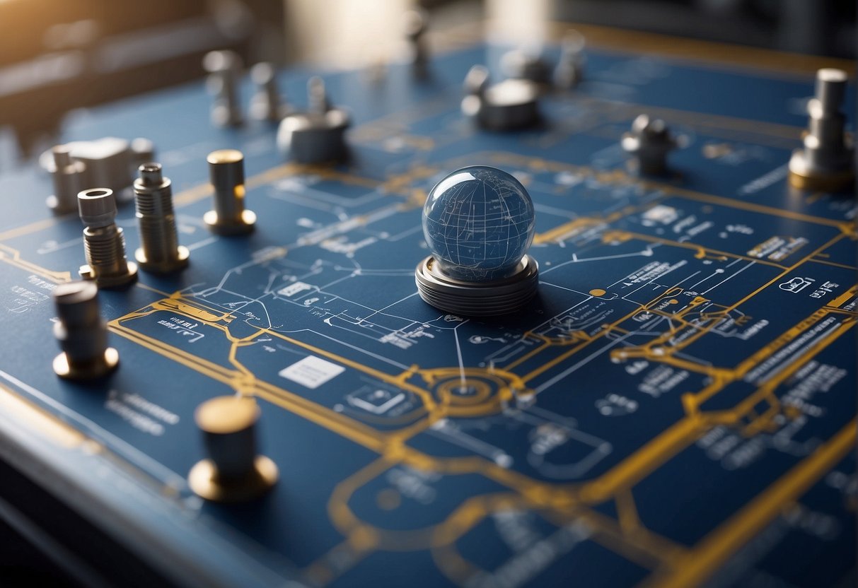 A blueprint of a complex engineering system with various components and arrows showing the flow of energy and materials