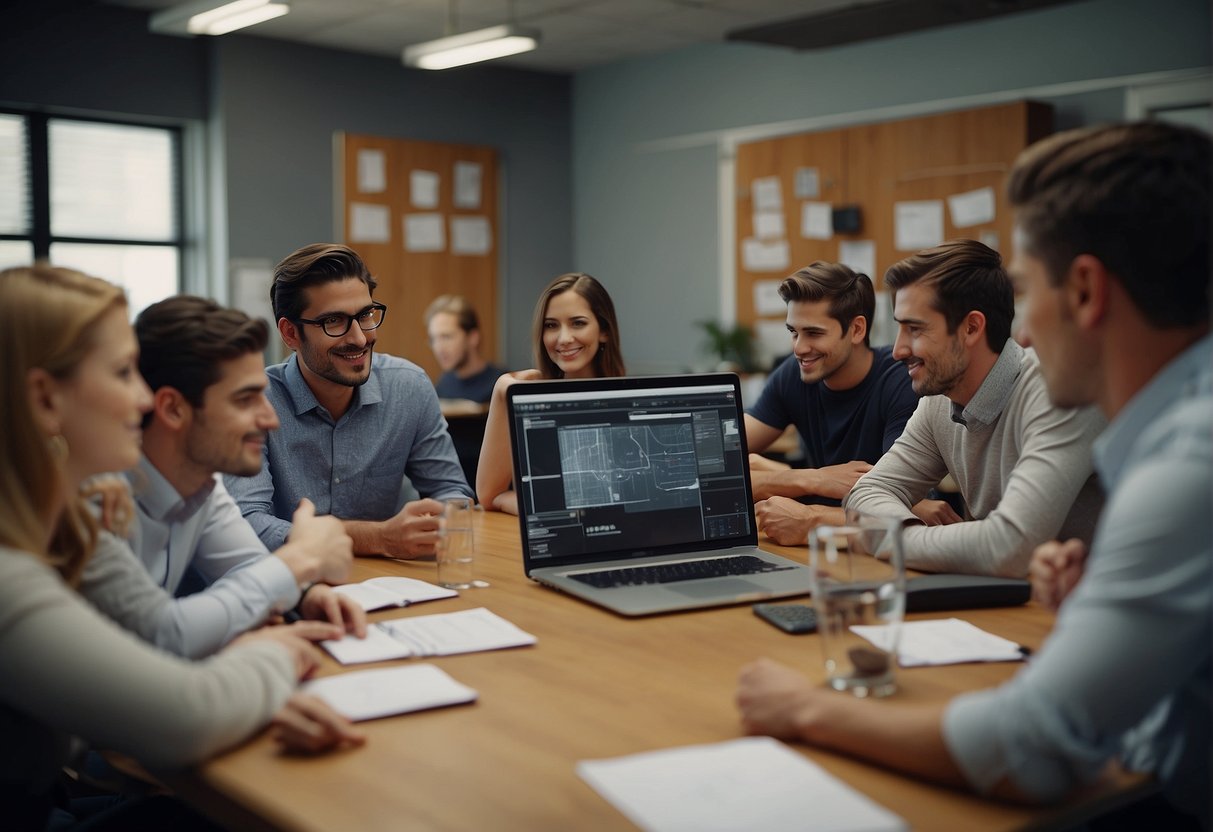 A group of people engaging in various prompting techniques, using visual aids and technology, in a classroom or workshop setting