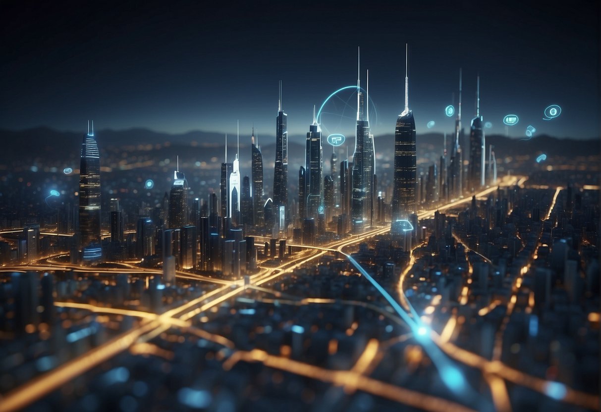 A futuristic cityscape with interconnected data streams and advanced technology