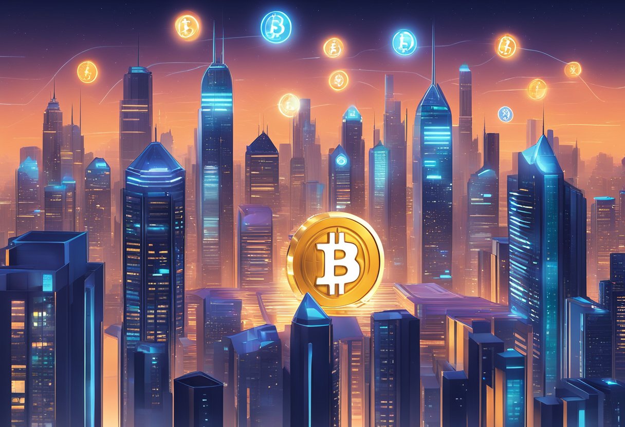 A futuristic city skyline with Bitcoin symbols projected in the sky, surrounded by digital screens displaying fluctuating graphs and charts