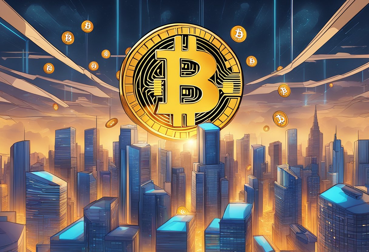 A futuristic cityscape with Bitcoin logos and symbols floating in the air, showcasing the evolution and future predictions of Bitcoin