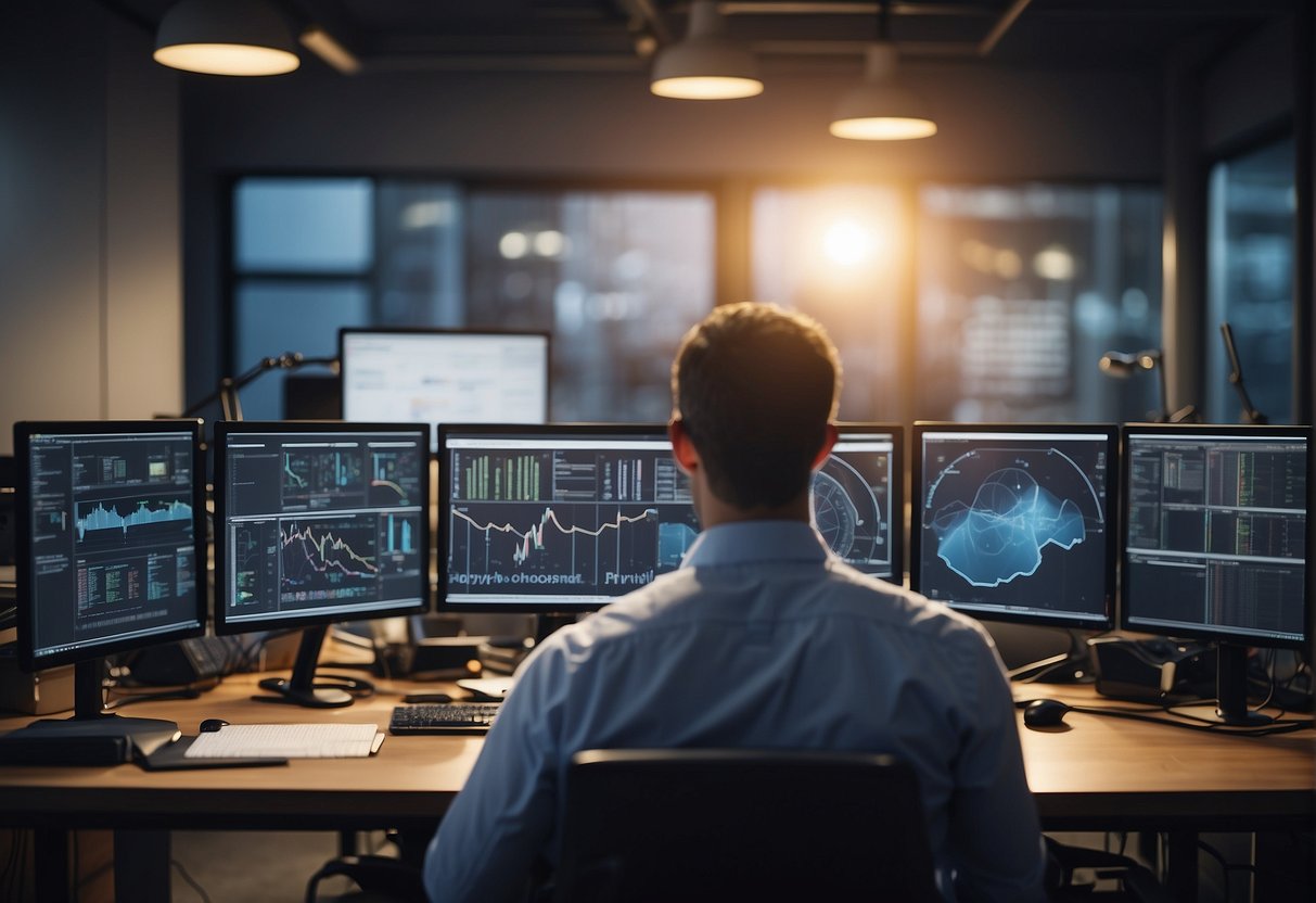 Various engineers collaborate on solving technical challenges using prompt engineering applications. Tools and computer screens fill the workspace, with diagrams and charts displayed