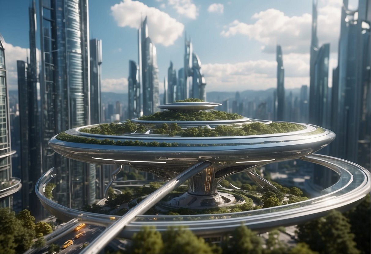 A futuristic cityscape with advanced engineering structures and flying vehicles