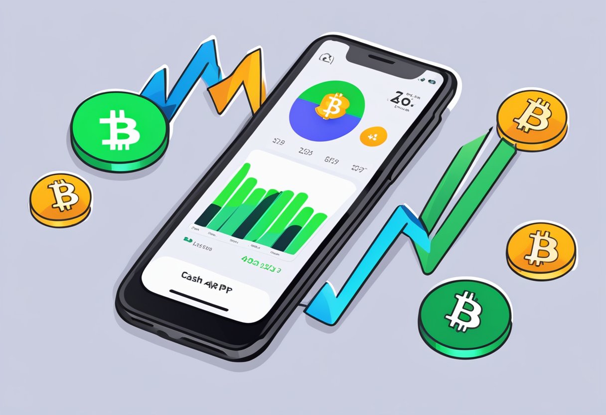 Cash App logo and interface with "Buy" and "Sell" buttons for Bitcoin. Graph showing price fluctuations. User inputting amount to purchase