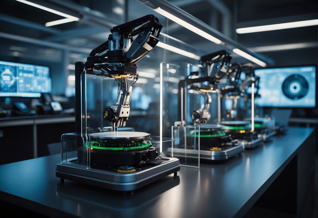 Advanced technologies fill the futuristic Prompt Engineering lab, with robotic arms, 3D printers, and holographic displays in use