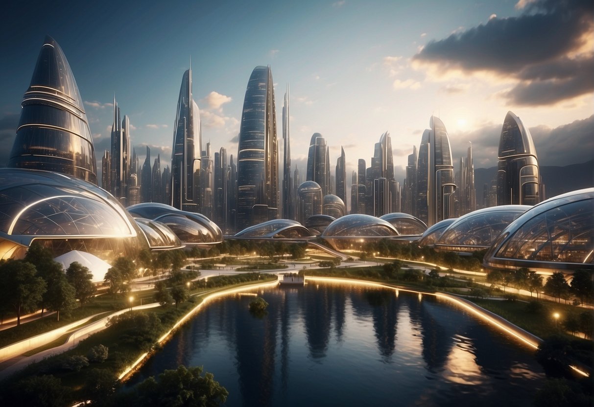 A futuristic cityscape with advanced engineering structures and innovative technology in use