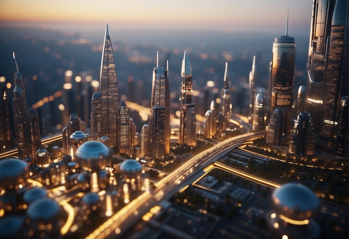 A futuristic city skyline with AI-powered drones and robots working together to build advanced engineering structures