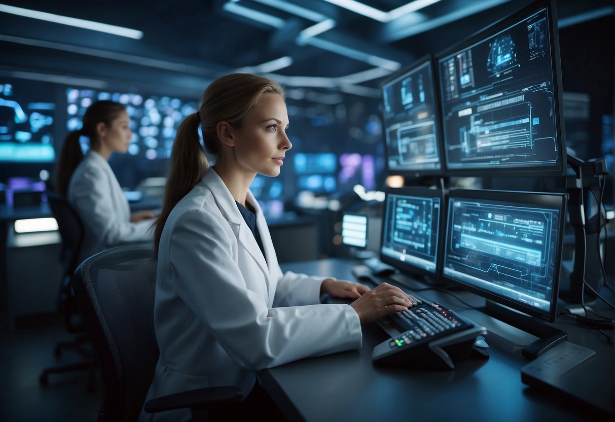 A futuristic, high-tech laboratory with holographic displays and advanced language processing algorithms in action