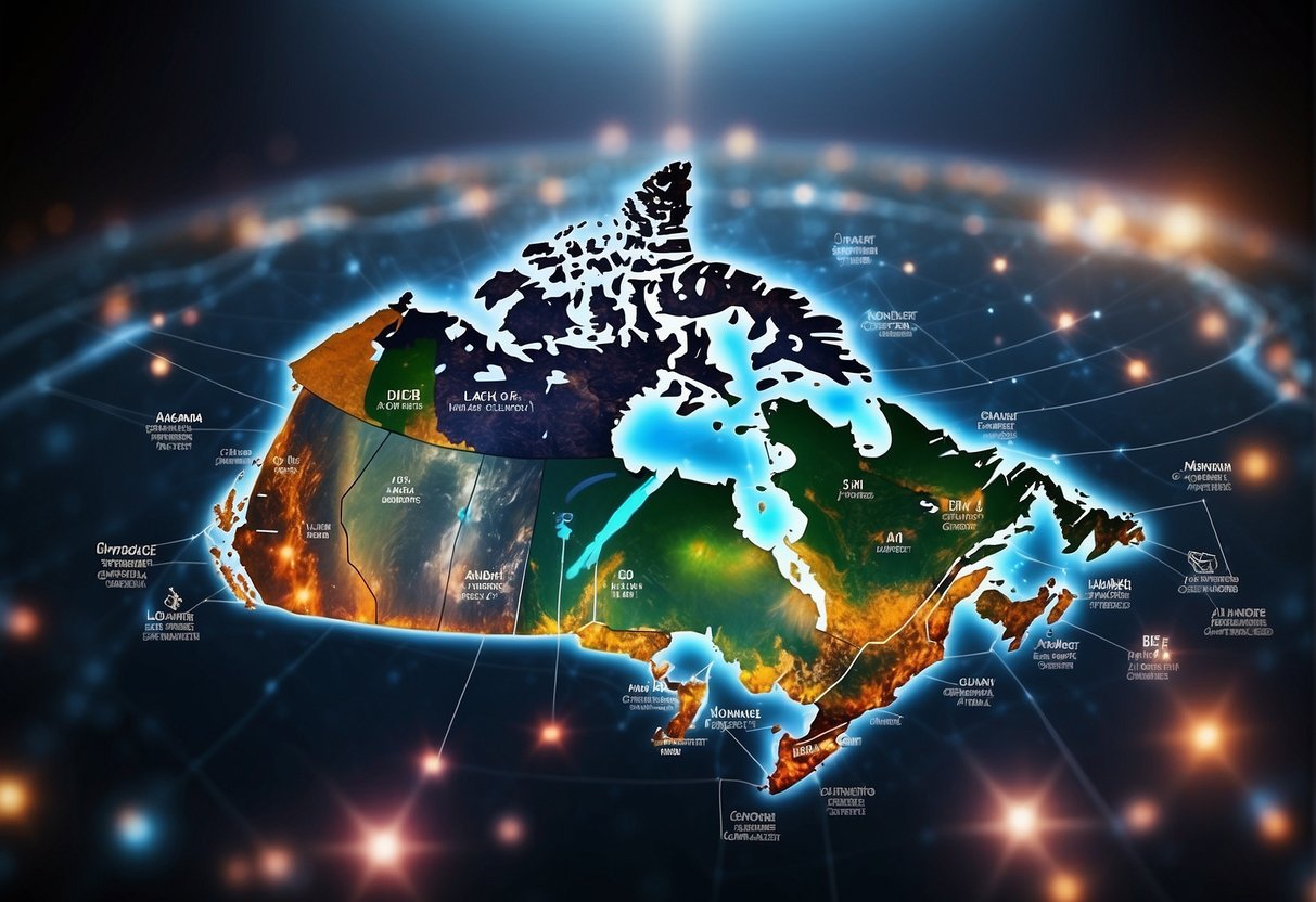 A vibrant map of Canada with the top 10 countries for Master's in AI study abroad highlighted, surrounded by futuristic technology symbols and imagery