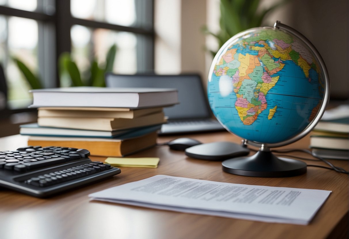 A stack of papers labeled "Frequently Asked Questions Top 10 countries for Master's in AI study abroad" sits on a desk, surrounded by a globe, laptop, and study materials